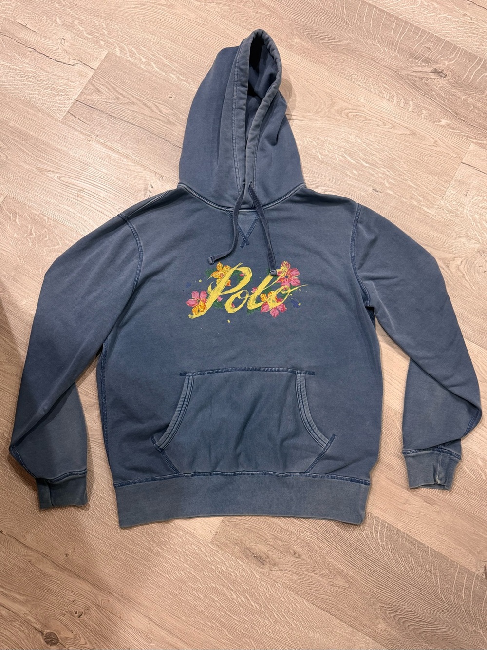 Ralph Lauren Navy Hoodie with Yellow & Pink Floral Script Logo